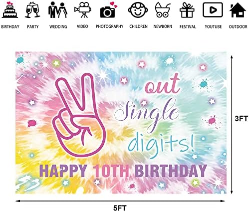 Hilioens 5×3ft Happy 10th Birthday Out Jednocifreni pozadina tie Dye Rainbow djevojke rođendan Ja sam 10