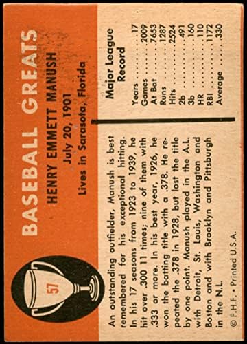 1961. Fleer # 57 Heinie Manush Washington Senators Dean's Cards 5 - bivši senatori