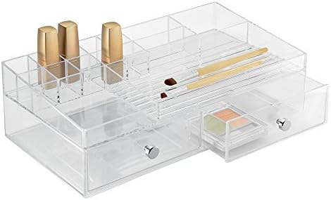InterDesign ladice kutija sa pretincima / kutija za šminkanje sa 2 fioke i 15 pretinaca / organizator šminke ili kancelarijski materijal / prozirna plastika