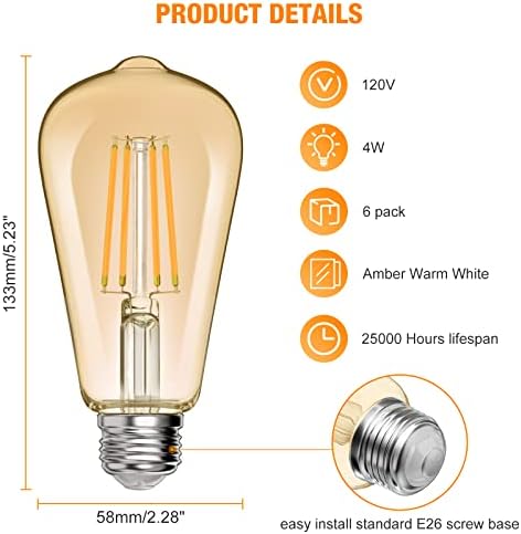 VOOSEI Zatamnjive Vintage LED Edison sijalice, 60W ekvivalentne, filamentne sijalice, E26 Srednja baza, ST58 Vintage sijalice za kućnu kupatilo kuhinja