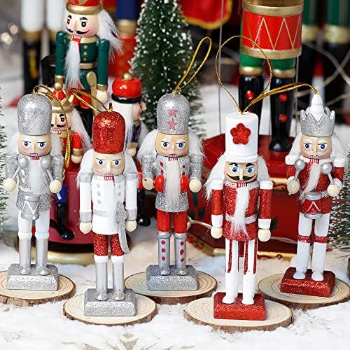 Jolik Glitter Božić Nutcracker Ornament Set, 5 kom drvena Orašar viseći ukras sa otvaranjem usta za Božić