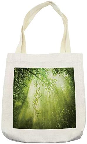Ambesonne Forest Tote Bag, Rays of Sun Deep Dark in the Forest in Foliage with Effects Scenic image Print,