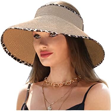 LA CARRIE Široki obod UV zaštitni šeširi za sunce za žene sa Leopardovim oblogom slamnati šešir za vizir
