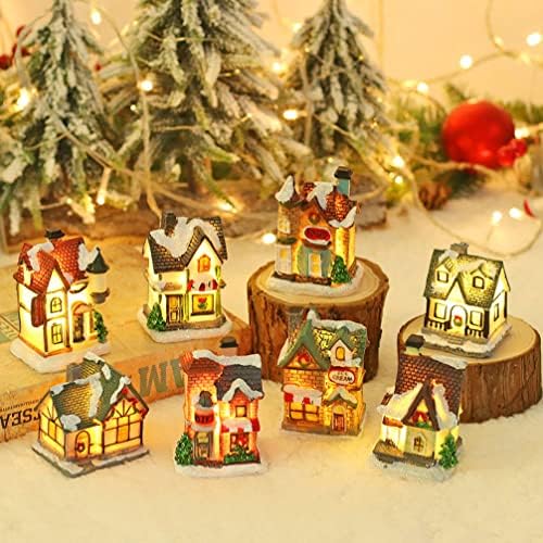 Amosfun 4kom Božić Snow Village kuće Božić Holiday osvijetljena kuća figurica Mini Snow Village Osvijetlite