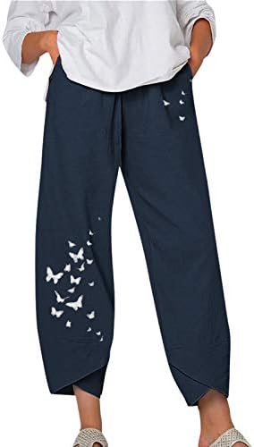 Pamučne lanene pantalone za žene Ležerne letnje kapri pantalone sa džepovima visokog struka udobne pantalone