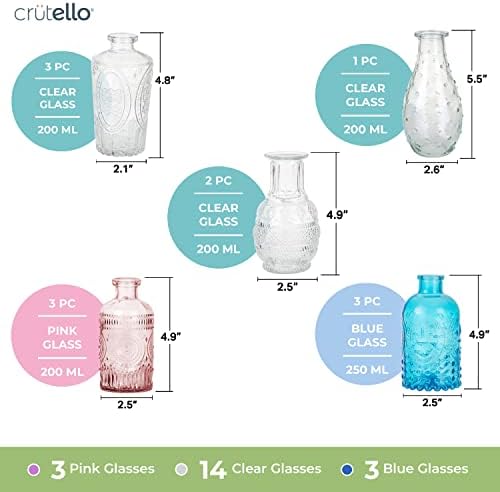 Crutello Glass Bud Vases rasuti set od 20, ružičasta staklena vaza, plava staklena vaza, čiste vaze za središnje