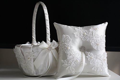Bijeli prsten nosilac jastuk & amp; vjenčanje cvijet djevojka Basket Set / Alex emocije / Lace applique