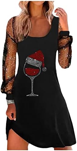 Žene T Shirt haljine Casual Mesh kratka haljina Glitter vino staklo sa Santa kapuljačom grafički jesen Božić