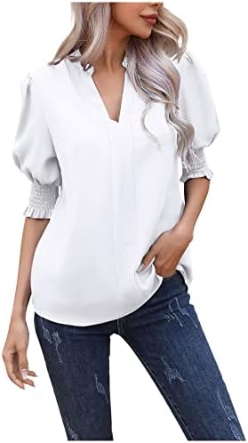 Žene vrhovi 2023 ljetni modni puff kratkih rukava majica casual posteljina obična šifon bluza V vrat radna