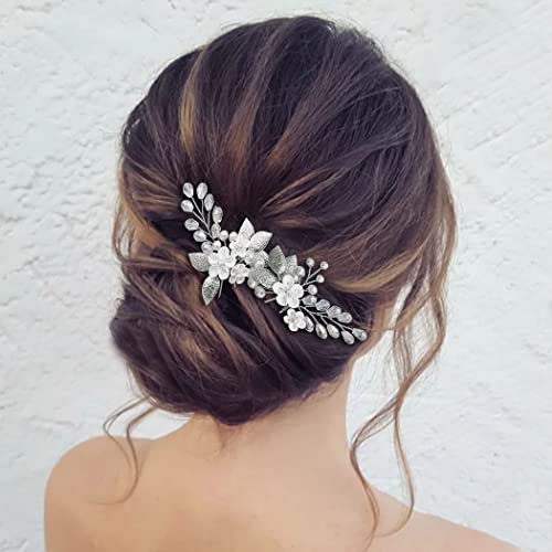 Easedaily Flower Bride vjenčane igle za kosu srebrni list Kristal Bridal Hair Pieces Pearl Hair Accessories