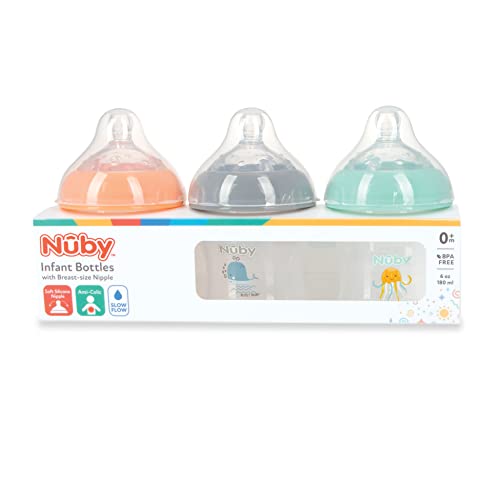 Nuby 3-pakovanje bočica za dojenčad sa sporo protočnim grudima silikonska bradavica: 0+ mjeseci, 6oz, Set