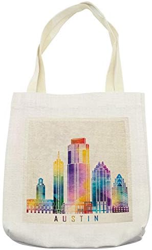Ambesonne Austin Tote Bag, ocrtani spomenici Skylines of Texas Blended Rainbow akvarel Ink Splatter Art,