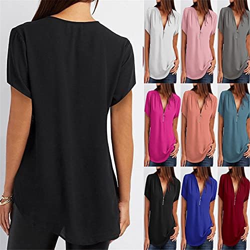 Andongnywell Ženska puna boja kratki rukav V izrez šifonske bluze vrhovi patentnih zatvarača Up majice Labava