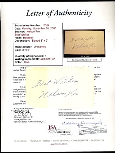 Nelson Fox JSA COA potpisao je autogragram 3x5 indeksne kartice