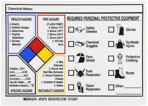 Brady 53076 vinil osetljiv na pritisak piše na etiketama zaštitne opreme NFPA , crne, crvene, plave, žute