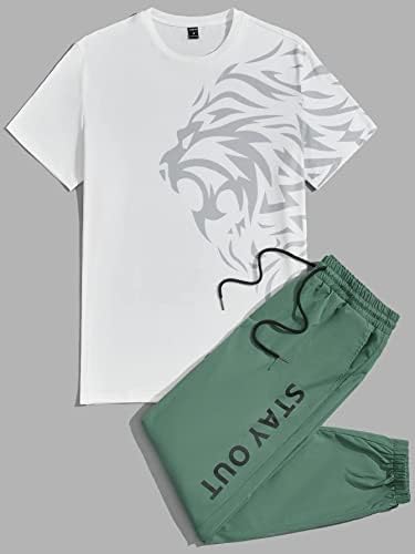 FDSUFDY Two komad odijelo za muškarce Muškarci Lion Print TEE i slovo Grafičke strukske hlače za vuču