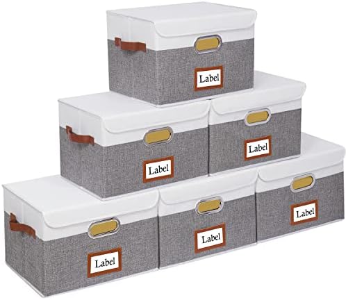 Yawinhe kutije za odlaganje sa poklopcima, košare za skladištenje, 13x9x7.9inch, kante za pohranu tkanina Organizator kontejneri sa dvostrukim kožnim ručicama za kućni spavaćić ormar za ormare Bijela / siva