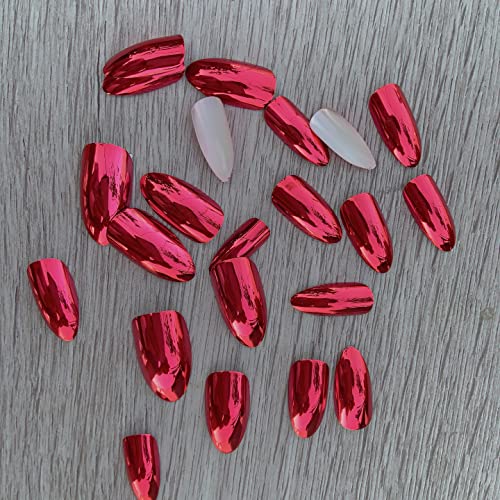 IKISKT Almond Press on Nails Metal Red srednje lažni nokti Bright Red Metallic unaprijed dizajniran Full