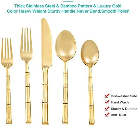 Zlatni korektni bambuso ogledalo 5 komada Polovni set, nehrđajući čelik za pribor za jelo, usluga kompatibilna
