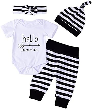 Novorođenče 4pcs postavio je outfit prugasti duksevi sa romper kombinezon + prugaste duge hlače i šeširom