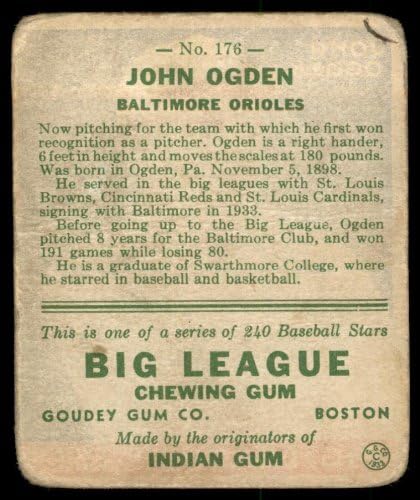 1933 Goudey 176 John Ogden Baltimore Orioles Loše oriole