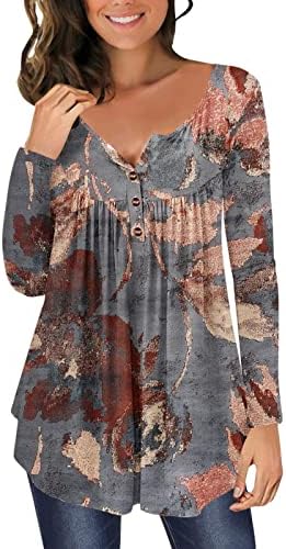 Halloween Tunic Tops za žene Dugi rukav Sakrij stomak majice Vintage Lobanja Print dugme V vrat Henley bluza