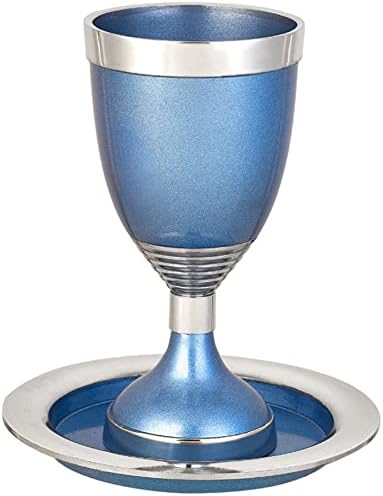 Moderna Kiddush šolja sa Tanjurićem - plavi Akcenti eloksirana čaša za vino sa stabljikom 5,75 visoka čaša