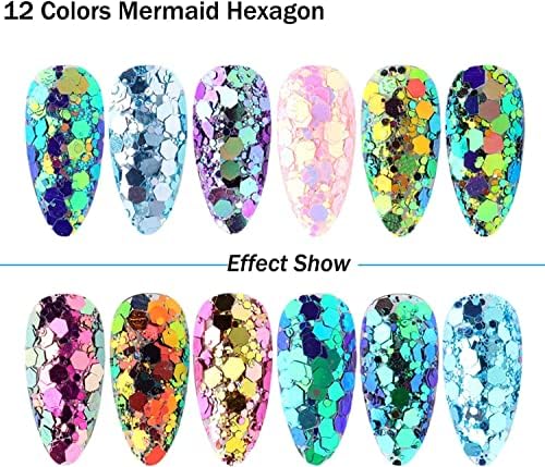 12 boja Hexagon Chunky nokat Glitters Holografske naljepnice za nokte šljokice svjetlucave Mermaid Powder