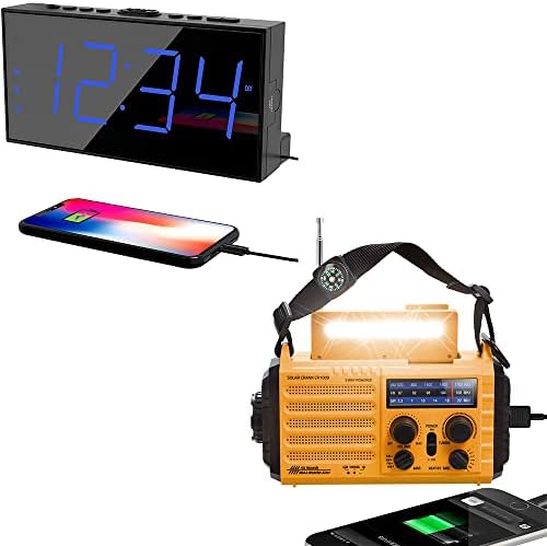 PPLEE digitalni dvostruki budilnik za spavaću sobu + 5-Smjerni prijenosni hitni solarni ručni radilica AM/FM