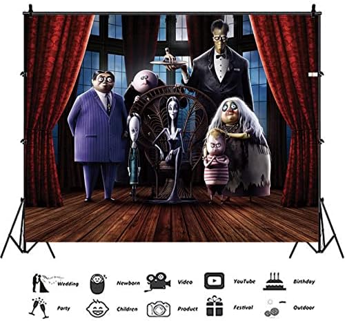 Crtani film porodična tema Addams fotografija pozadine Crvena zavesa drveni pod fotografija pozadina za