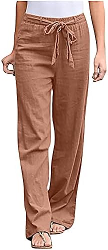 Posteljine hlače za žene ravne noge High Squist Široke noge hlače sa džepovima za crtanje elastičnih pantalonaca