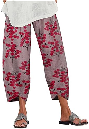 Ženske kaiše pantalone, pamuk posteljina elasitc struk široko-noga labav fit yoga capris cvjetne cvjetne