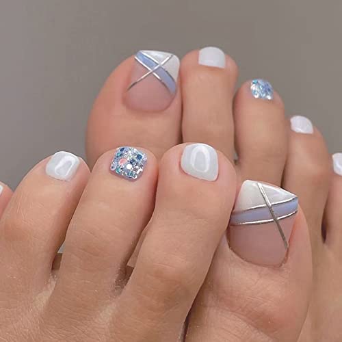 QINGGE pritisnite na nokte na nogama Pink White Square lažni nokti na nogama s bijelim plavim prugama sjajni