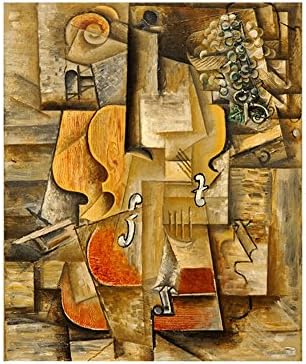 Alonline Art - violina i grožđe Pablo Picasso | Zelena uokvirena slika tiskana na pamučnom platnu,