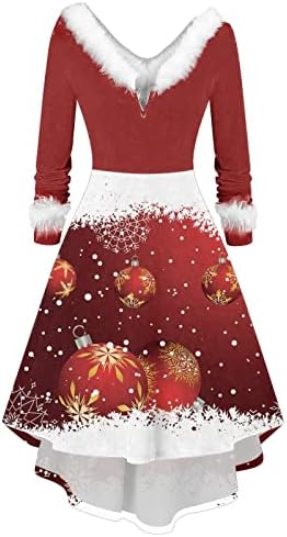 Sretan Božić haljine za žene krzneni V izrez Visoka Niska zabava Swing haljina Dugi rukav pahuljica Print