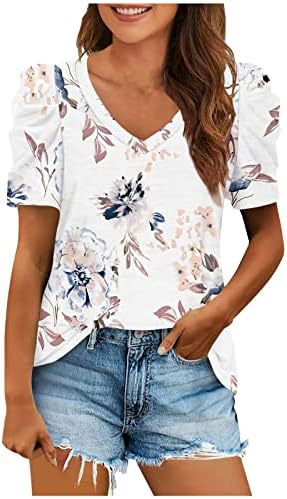 Ljetne Ženske Puff Kratke Rukave Majice Seksi Elegantan V Vrat Ide T-Shirt Labave Casual Cvjetno Štampanje