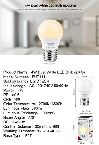 LGIDTECH FUT111 Miboxer 4W Dvostruka bijela LED sijalica, WW+CW CCT Temperatura boje Podesiva.Kompatibilan