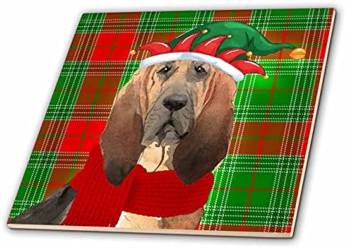 3drose Funny Bloodhound pas u Elf kapu na crvene i zelene Božić karirane pločice
