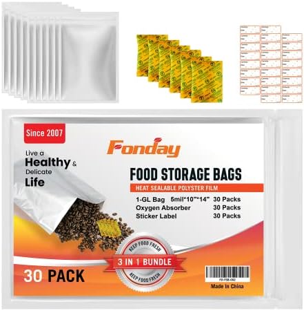 30x Fonday 10mil Mylar Bags paket zapremine 1 Galona za skladištenje hrane sa 30kom 500cc Apsorberima kiseonika