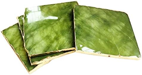 Prirodni zeleni dragi Jade Coaster sa zlatnim rubom za uređenje doma, 3,5-4 inča, kvadratni oblik, set od
