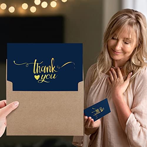 100 zahvalnih kartica Bulk: tamnoplavi i Zlatni dizajn kutija za zahvalnice sa kovertama i naljepnicama
