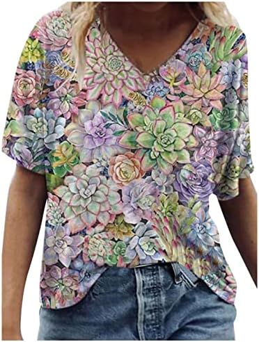 Ljetna pad bluza za ženu za žensku odjeću modni kratki rukav pamuk V izrez Graphic Lounge Top 5r 5r