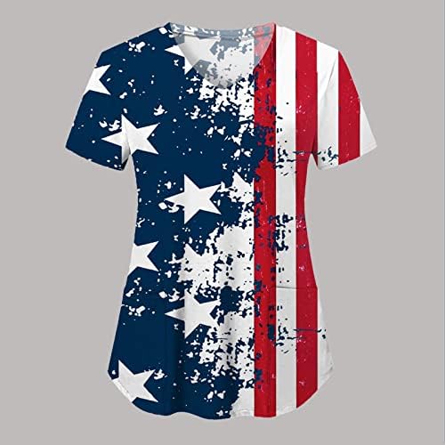 Majice za 4. jul za žene američka zastava ljetna kratka rukava V vrat Tshirt sa 2 džepa bluze praznična