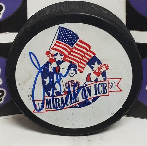 Jim Craig potpisao hokejaški Pak čudo na ledu Logo KCA-Autogramirani NHL Pakovi