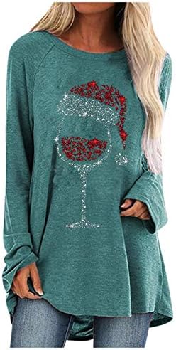 Božićne haljine za žene, plus veličine tunika bluze za vinske čaše Santa Hat Print Majica Funny Wine Lover