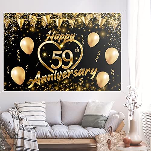 Sretna 59. godišnjica pozadina Banner dekor crno zlato-Glitter Love Heart Happy 59 godina godišnjica vjenčanja