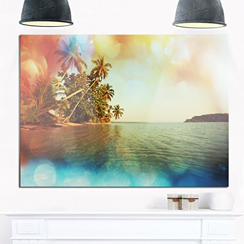 Designart Serena tropska plaža sa metalnim zidom od platna na palmama, 28 H x 60 W x 1 D 5PE, plavo / zeleno