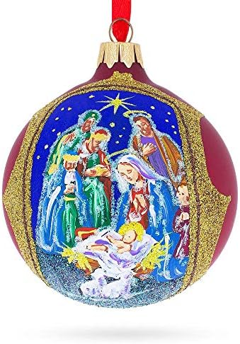 Jaslica Scene u crvenom tonu Glittered Glass Ball Božić Ornament 3.25 inča
