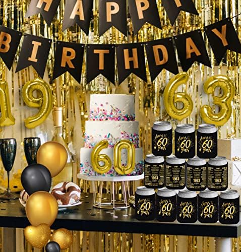 Henghere Happy 60th birthday dekoracije za muškarce žene, 60th Birthday party Supplies, Vintage - šezdeset Birthday Party pića može hladnije rukave, 12-Pack, crn & zlato