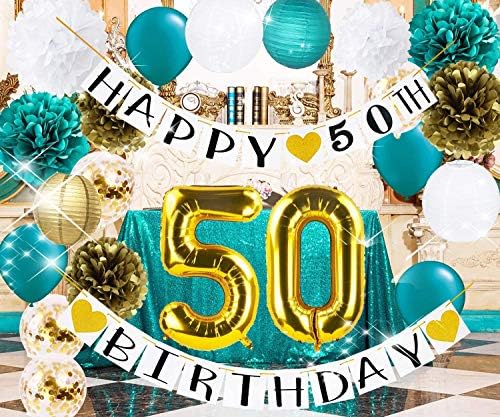 50. rođendanski ukrasi za žene Teal Gold Confetti Latex Baloni Tkiva Pom Poms Gold Teal 50 Rođendan Dekoracija